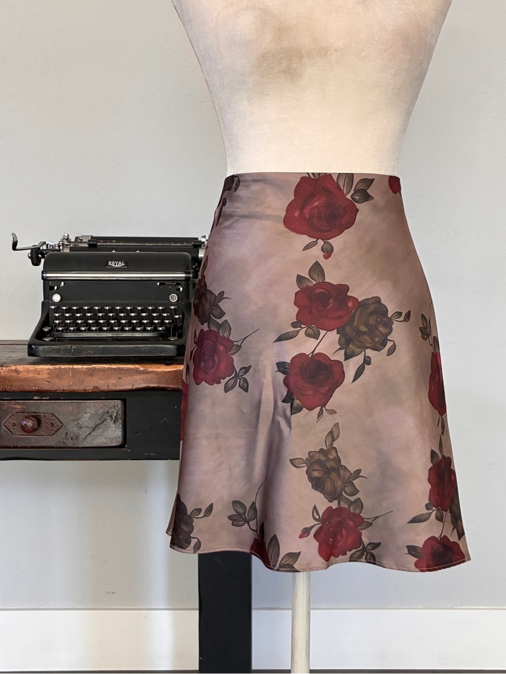 VICI Romantic Crimson Rose Satin Midi Skirt in Taupe - Size XL